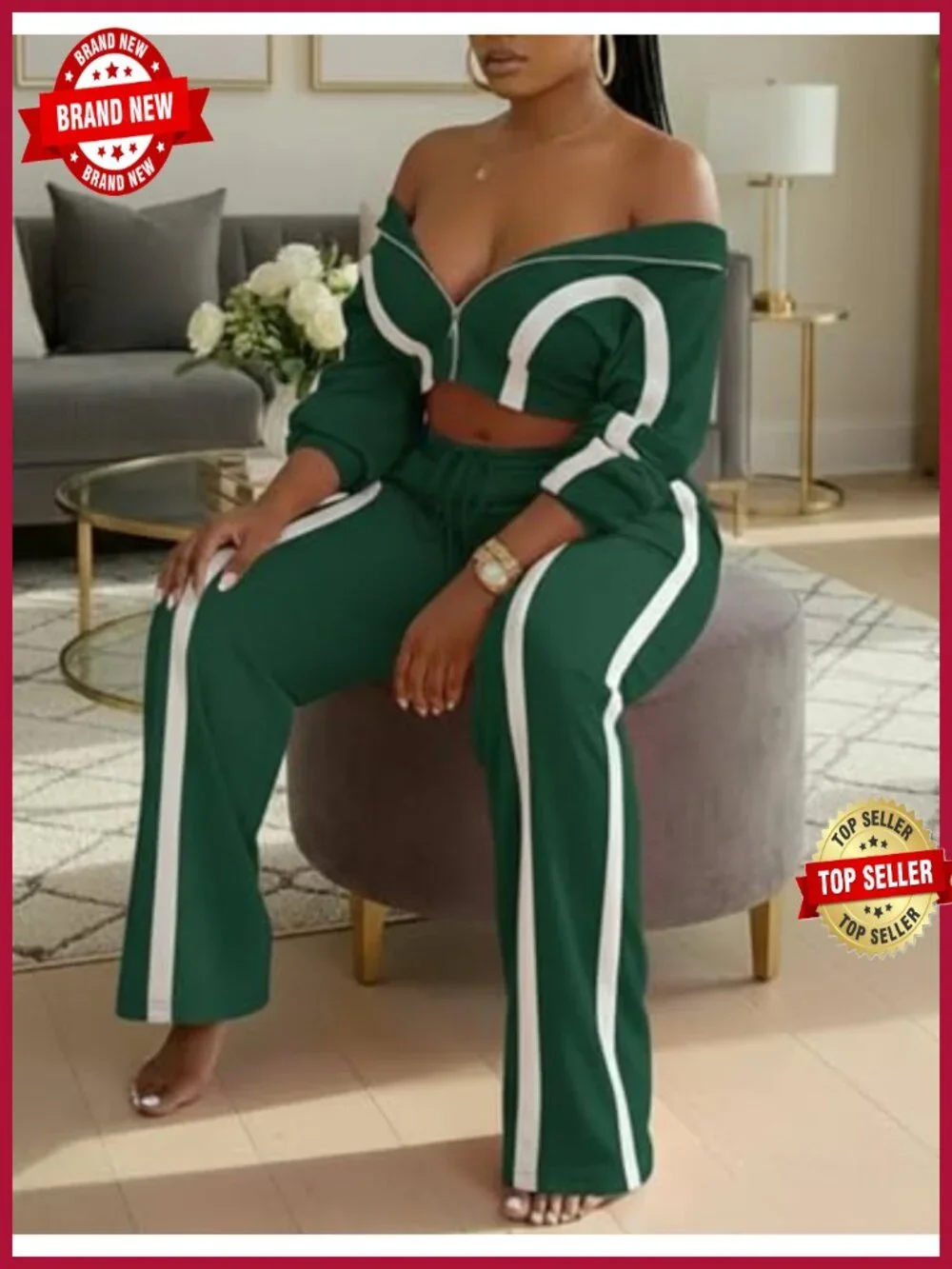 Women Striped Two Piece Tracksuit Set Long Sleeve Zip Up Jacket Wide Leg Pants